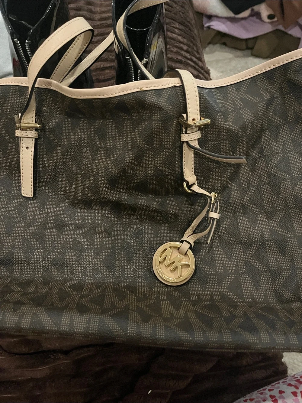 Michael Kors Brown Monogram Tote with Cream Trim and Gold Charm